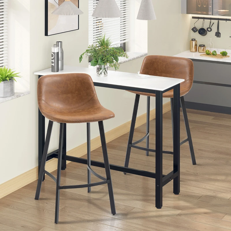 HOMCOM Bar Stools Set of 2 - Industrial Kitchen Stool, Upholstered Bar Chairs with Back, Steel Legs, Brown(m-2)