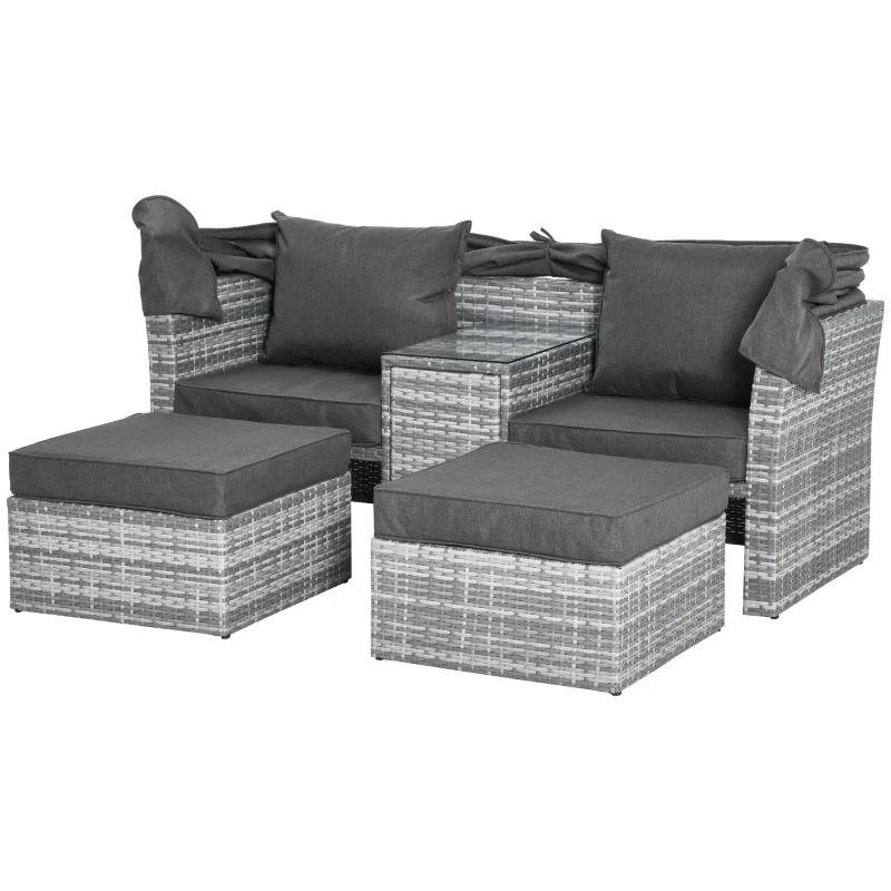 Outsunny 2-Seater Outdoor Rattan Daybed Sofa Footstool Coffee Table Set w/ Canopy, Cushion