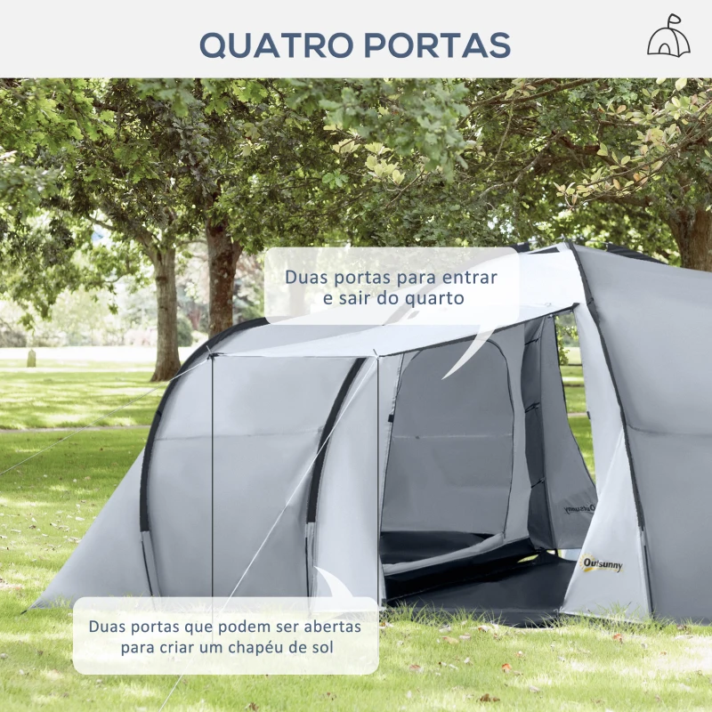 Outsunny Tenda de Campismo Familiar para 4-6 Pessoas Tenda Dobrável com 2 Janelas Impermeável Anti-UV 590x245x193 cm Cinza