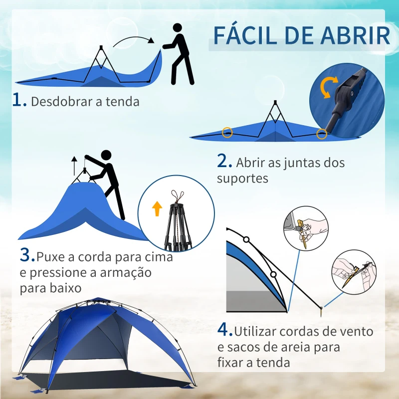Outsunny Tenda de Praia Dobrável Tenda de Praia com Bolsa de Transporte Impermeável para Parque Campismo 247x247x145 cm Azul