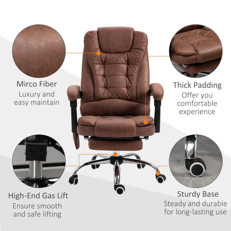 Vinsetto Office Chair with 6 Point Massage and Back Heat, Microfiber Desk Chair with Footrest Adjustable Height and Swivel Wheels, Back Reclining, Brown