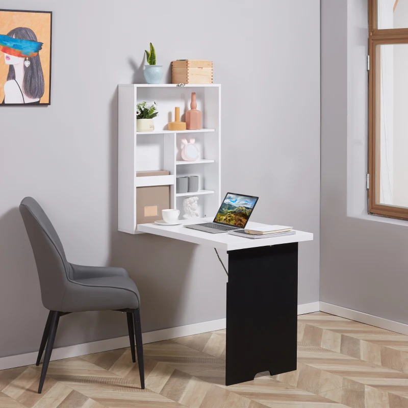 HOMCOM Opklapbaar bureau met wandmontage, 5 vakken, 60x94,5x147cm, Zwart/Wit(m-2)