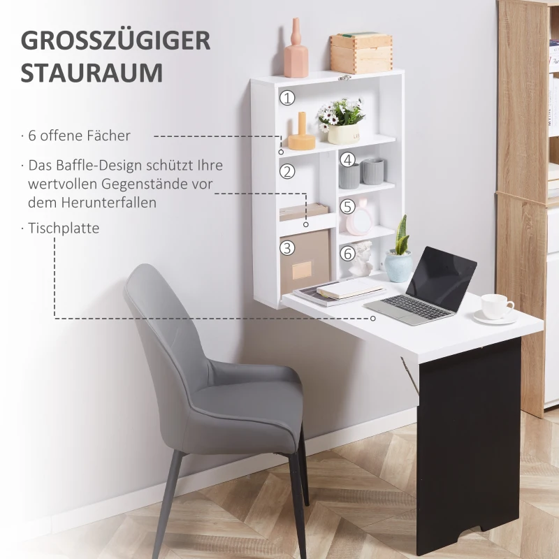 HOMCOM Opklapbaar bureau met wandmontage, 5 vakken, 60x94,5x147cm, Zwart/Wit(m-5)