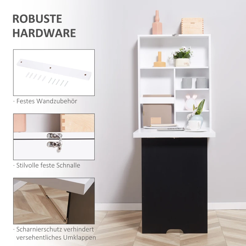 HOMCOM Opklapbaar bureau met wandmontage, 5 vakken, 60x94,5x147cm, Zwart/Wit(m-4)