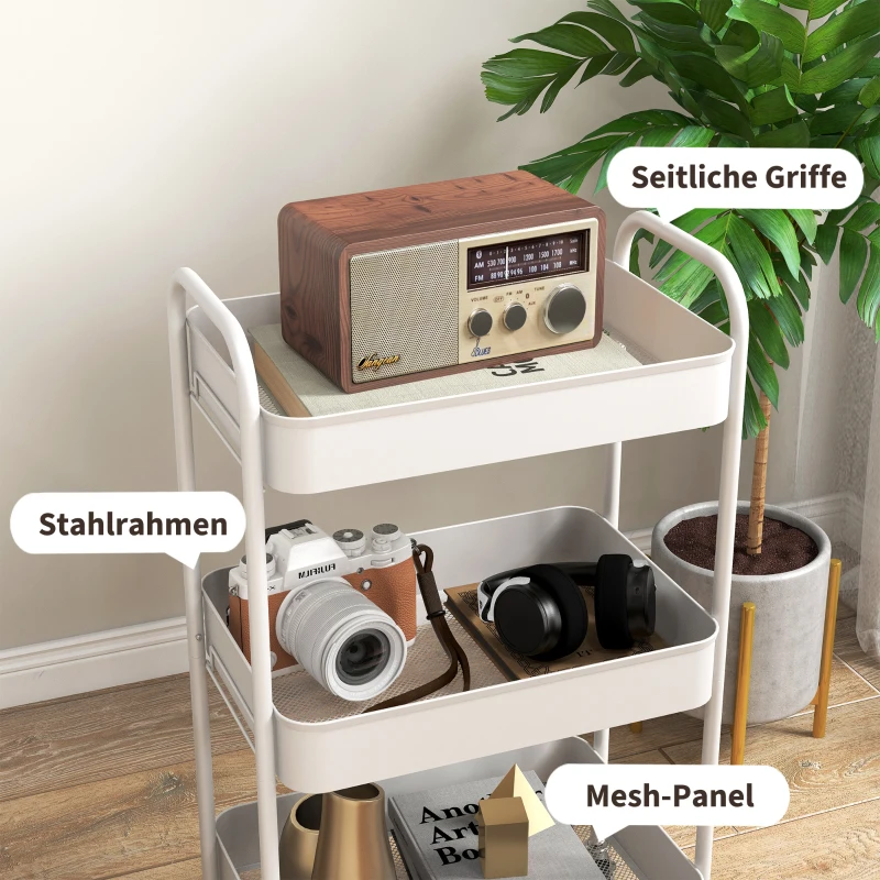 HOMCOM Keukenwagen met 3 planken, 4 wielen, 45 cm x 30,6 cm x 79 cm, Wit