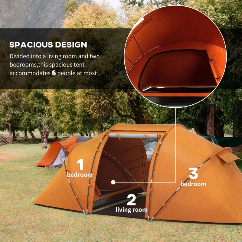 Outsunny 4-6 Man Camping Tent w/ Two Bedroom, Hiking Sun Shelter, UV Protection Tunnel Tent, Orange