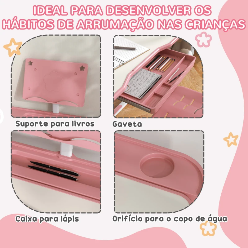 ZONEKIZ Conjunto de Secretária e Cadeira para Crianças com Altura Ajustável e Ângulo da Mesa Ajustável 80x49,5x82-104 cm Rosa