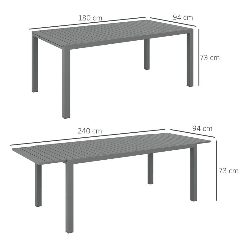Outsunny Mesa de Jardim Extensível Mesa de Terraço Retangular para 6-8 Pessoas Capacidade 50 kg 180/240x94x73 cm Cinza Escuro