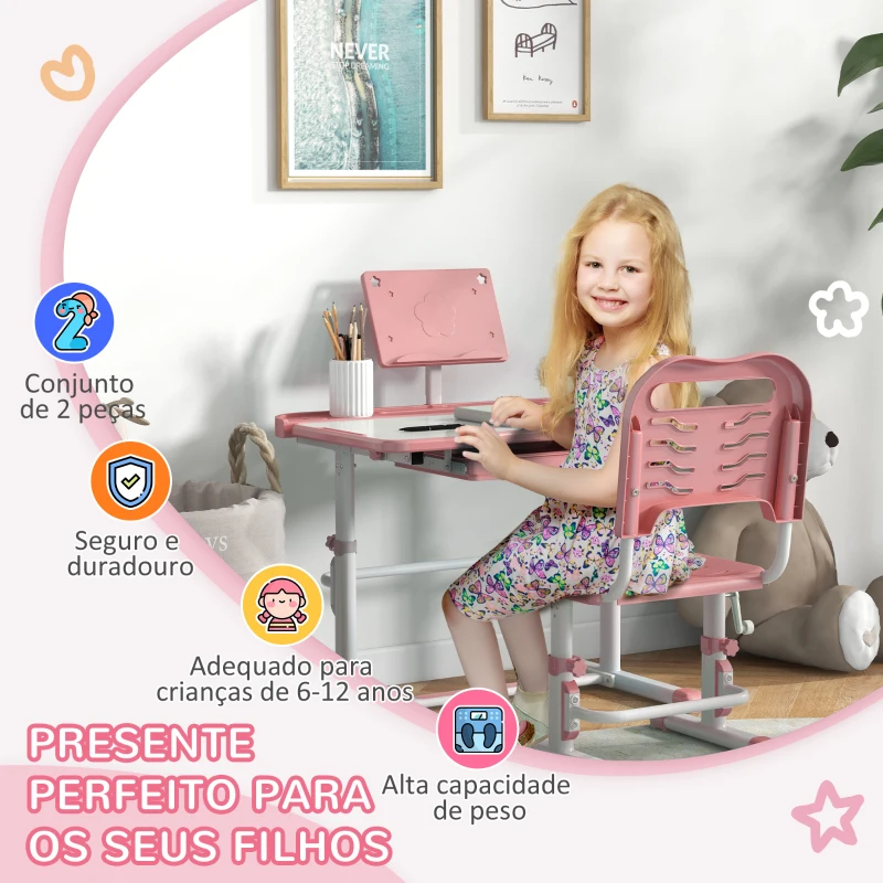 ZONEKIZ Conjunto de Secretária e Cadeira para Crianças com Altura Ajustável e Ângulo da Mesa Ajustável 80x49,5x82-104 cm Rosa
