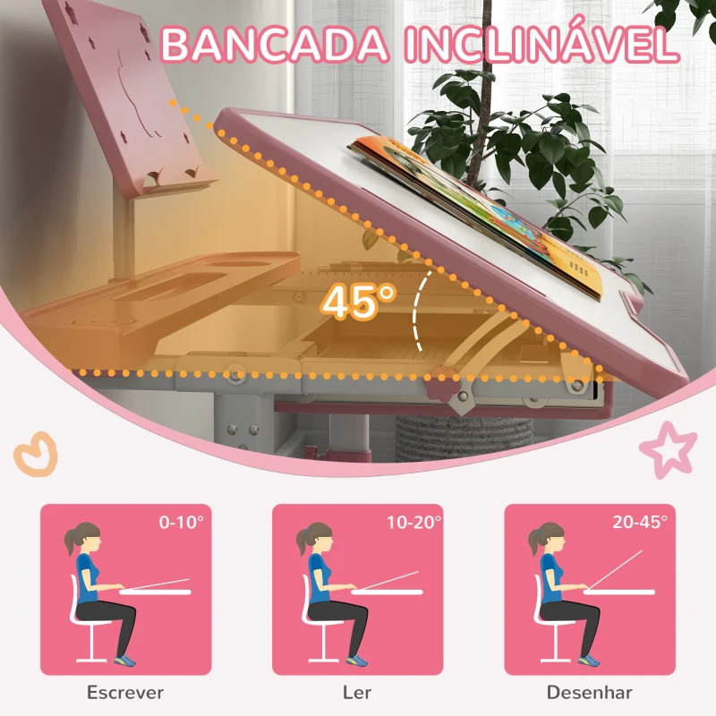 ZONEKIZ Conjunto de Secretária e Cadeira para Crianças com Altura Ajustável e Ângulo da Mesa Ajustável 80x49,5x82-104 cm Rosa