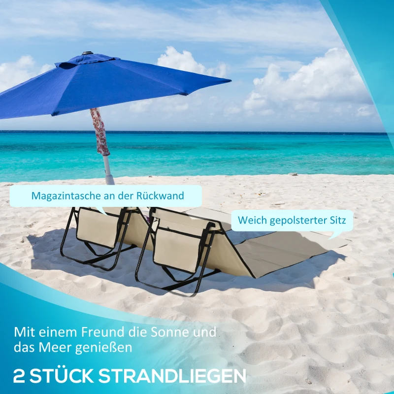 Outsunny Opvouwbare Ligstoel met Verstelbare Rugleuning, Zijvak, Zachte Bekleding, Stalen Frame, Beige, 142x51x40cm