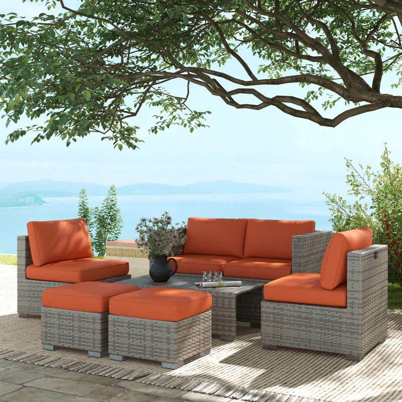 Outsunny Eight-Piece Rattan Garden Set, with Contrast Cushions - Orange/Grey