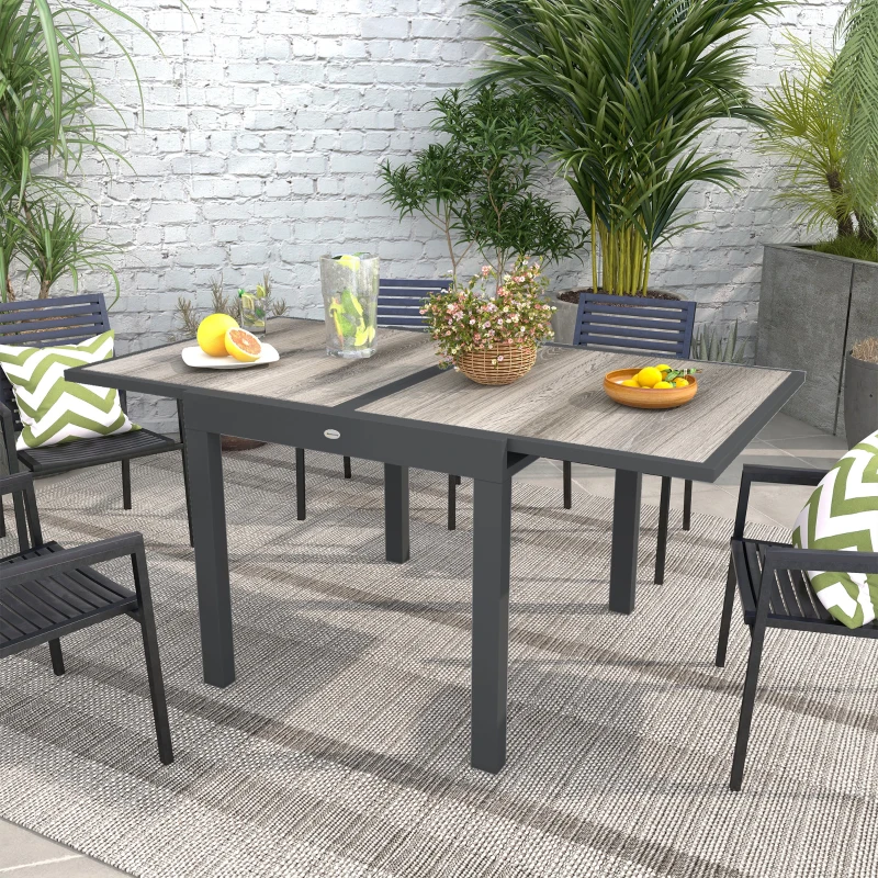 Outsunny Extending Garden Table, Outdoor Dining Table for 6, Aluminium Frame Rectangular Patio Table with Plastic Board Tabletop,80/160L x 80W x 75H cm, Grey