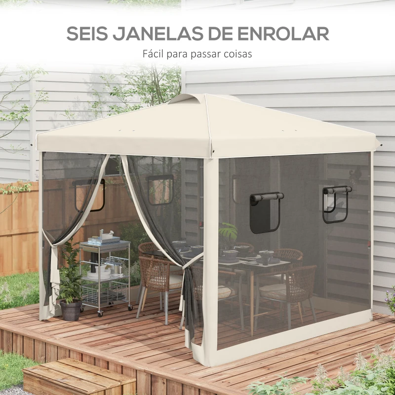 Outsunny Tenda Dobrável 3x3 m Tenda de Jardim com Parede Lateral de Malha 6 Janelas Altura Ajustável para Campismo Festas Bege