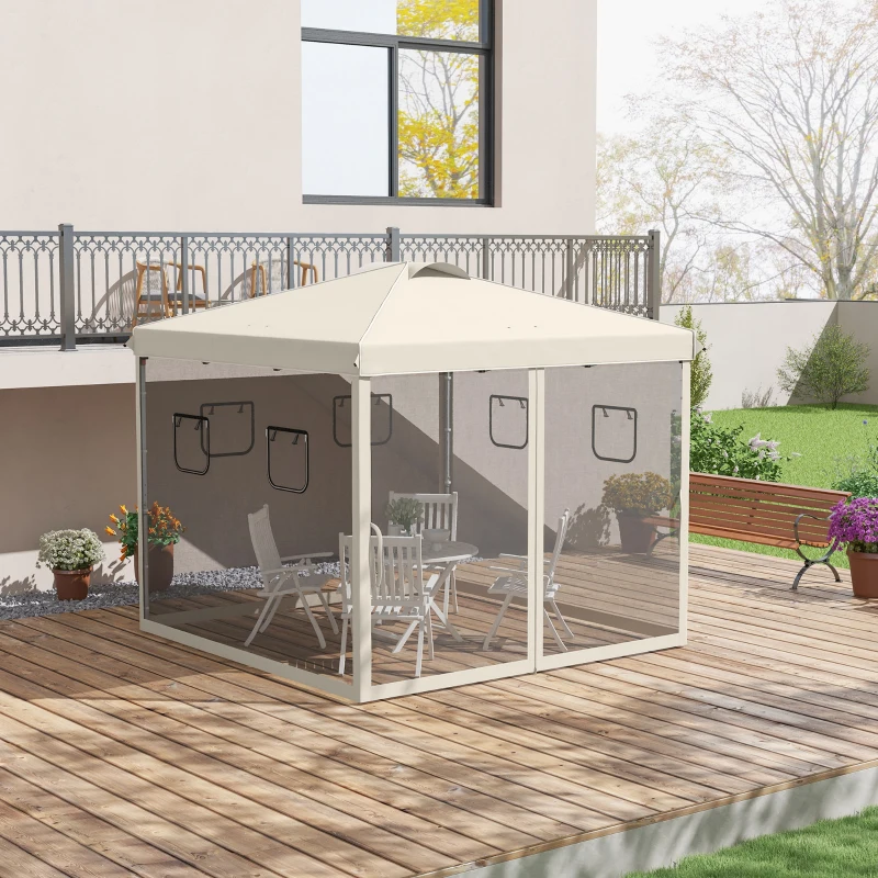 Outsunny Tenda Dobrável 3x3 m Tenda de Jardim com Parede Lateral de Malha 6 Janelas Altura Ajustável para Campismo Festas Bege