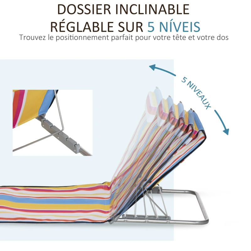 Outsunny Lot de 2 tapis de plage pliants avec dossier réglable 5 positions, appui-tête, tissu Oxford, sac de transport