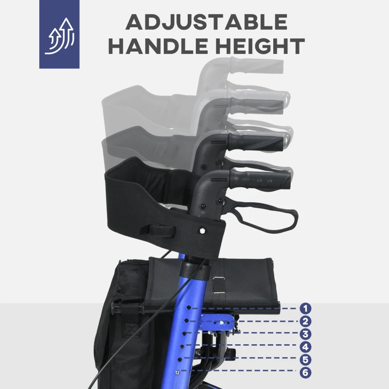 HOMCOM 4 Wheel Rollator with Seat and Back, Folding Mobility Walker with Carry Bag, Adjustable Height, Dual Brakes, Cane Holder, Lightweight Aluminium Walking Frame for Seniors and Disabled, Blue