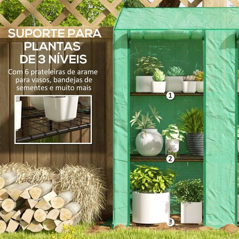 Outsunny Estufa de Jardim de 3 Níveis Estufa de Terraço com Prateleiras para Cultivo de Plantas em Pátio 143x46x141/151 cm Verde