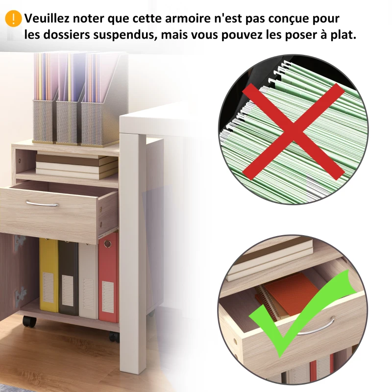 HOMCOM Caisson de bureau à roulettes avec tiroir placard et niche pour documents et dossier suspendu 40 x 35 x 60 cm chêne