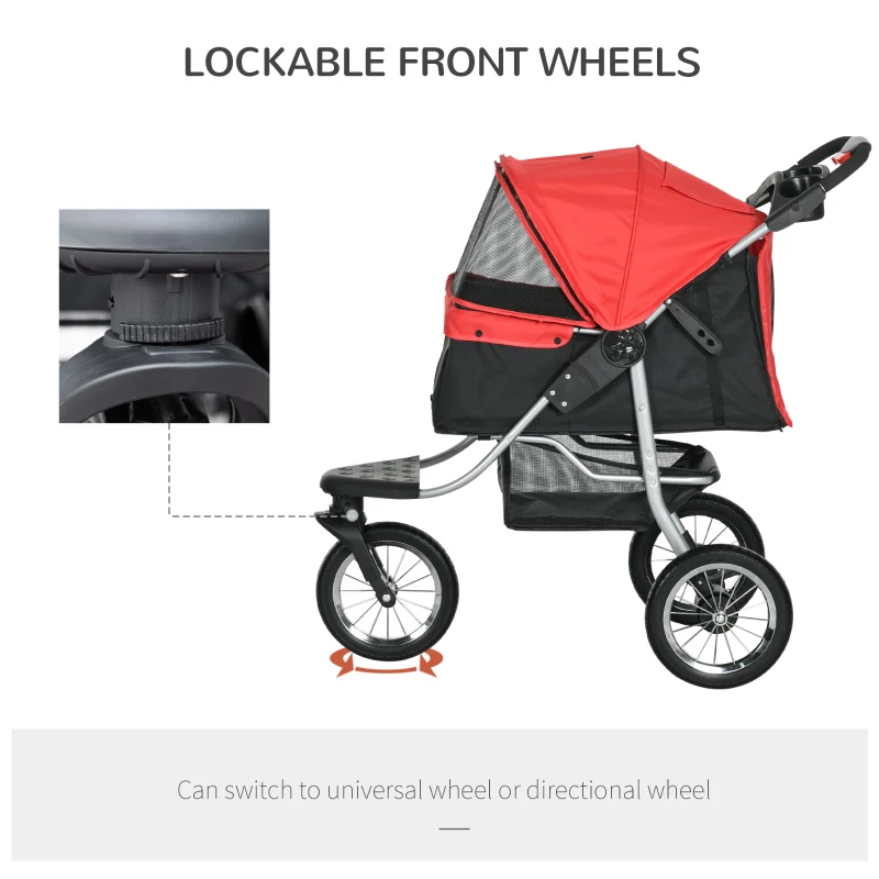 PawHut One-click Folding Pet Stroller Dog/Cat Travel Carriage with Adjustable Canopy, Cupholder, Storage Basket, Red