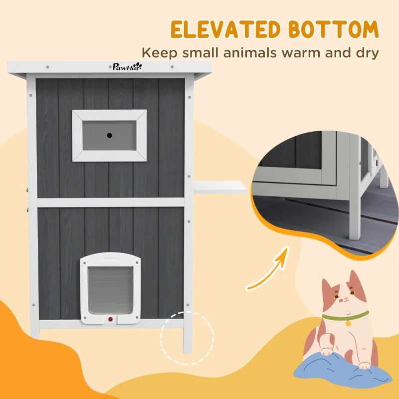 PawHut Casuta Exterior Pisici – 2 Niveluri, Lemn & Rampa Acces