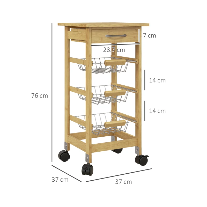 HOMCOM Carucior de Bucatarie din Bambus, Carucior Mic de Bar pe Roti cu Sertar de Depozitare, 3 Cosuri Metalice si Rotile cu Blocare, Natur