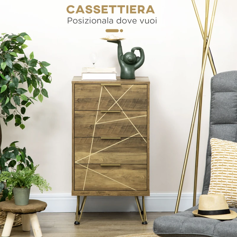 HOMCOM Mobile Cassettiera a 4 Cassetti in Legno Truciolare e Gambe in Acciaio, 48x39x87cm, Legno e Oro