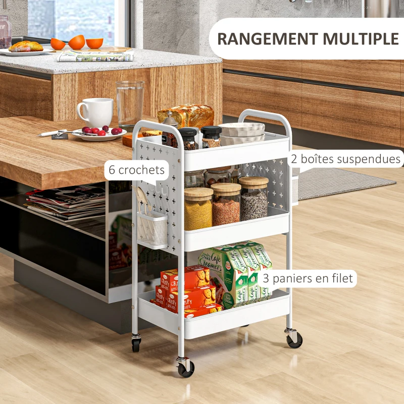 HOMCOM Desserte chariot de rangement en métal à roulettes 3 niveaux 2 paniers 6 crochets 53,5 x 30,5 x 75 cm blanc