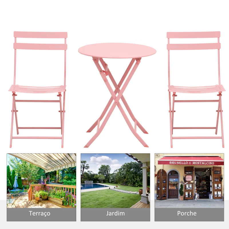 Outsunny Conjunto de Móveis de Jardim Dobráveis Conjunto de 1 Mesa Redonda e 2 Cadeiras de Varanda com Estrutura de Aço Rosa