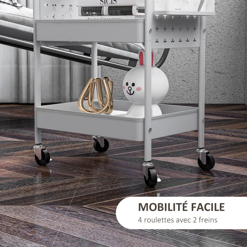 HOMCOM Desserte chariot de rangement en métal à roulettes 3 niveaux 2 paniers 6 crochets 53,5 x 30,5 x 75 cm blanc