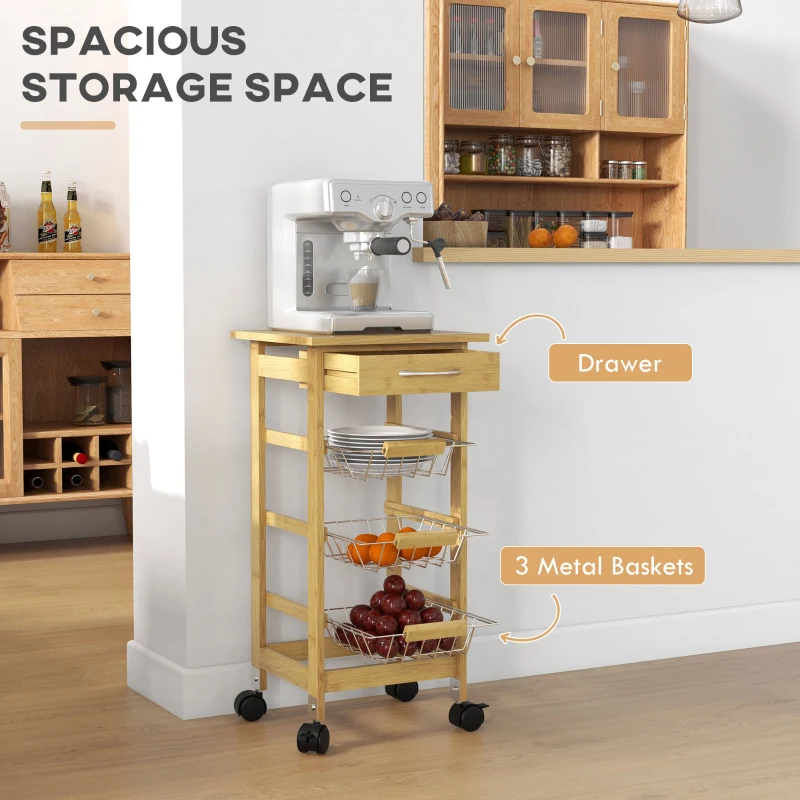 HOMCOM Carucior de Bucatarie din Bambus, Carucior Mic de Bar pe Roti cu Sertar de Depozitare, 3 Cosuri Metalice si Rotile cu Blocare, Natur