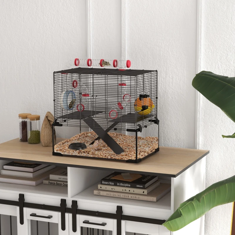 PawHut Gerbil Cage Dwarf Hamster Cage, with Deep Glass Bottom, Tunnels, Hut, Exercise Wheel, 60 x 40 x 57cm