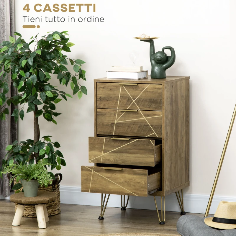 HOMCOM Mobile Cassettiera a 4 Cassetti in Legno Truciolare e Gambe in Acciaio, 48x39x87cm, Legno e Oro