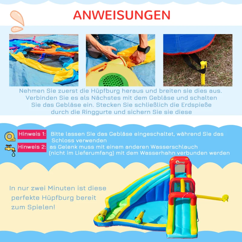 Outsunny Hüpfburg mit Wasserrutsche Hüpfburg mit Gebläse Wasserpark für Kinder aufblasbar Wasserspielcenter mit Rutsche Hüpfburg für Kinder von 3  bis 8 Jahren 385 x 365 x 200 cm