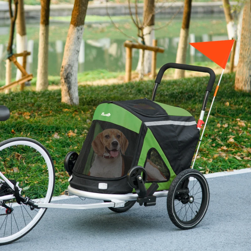 PawHut 2 in 1 Aluminium Foldable Dog Bike Trailer, Pet Stroller, for Medium Dogs - Green