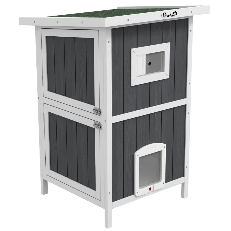 PawHut Casuta Exterior Pisici – 2 Niveluri, Lemn & Rampa Acces