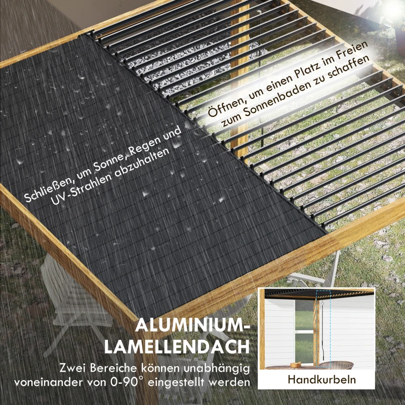Outsunny Tuinpaviljoen met lamellendak, handkruk, aluminium/hout, 3x3m, zwart/natuur