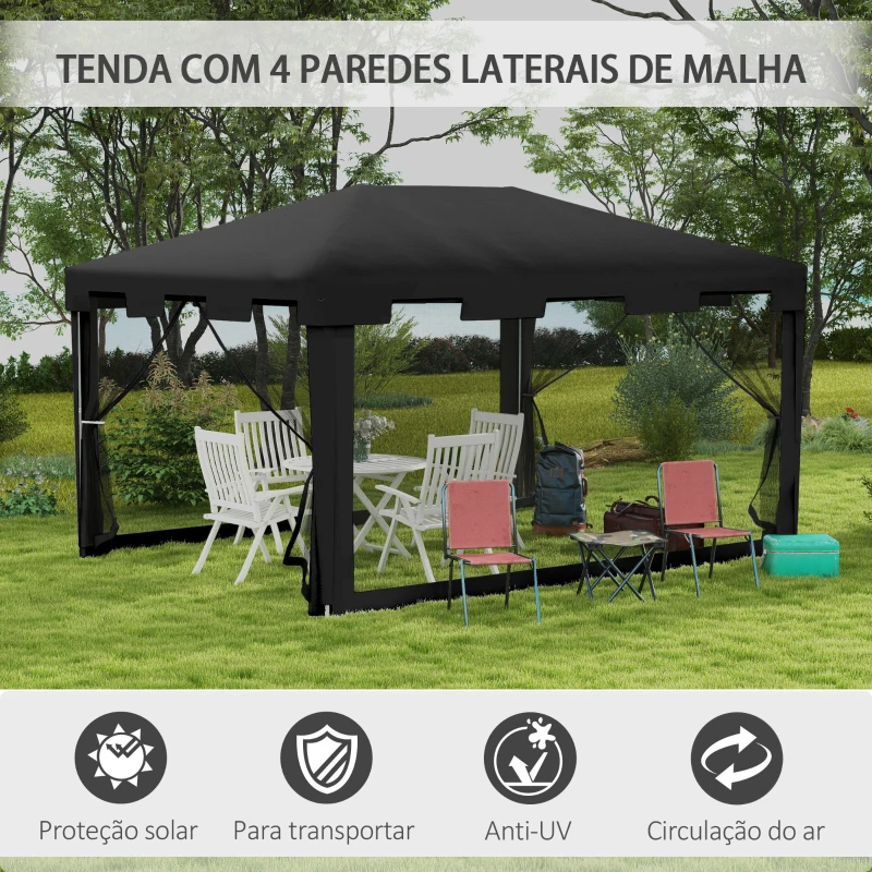 Outsunny Tenda de Jardim 4x3 m Tenda Dobrável com 4 Mosqueteiras Laterais 2 Portas e 8 Orifícios de Drenagem Cinza Escuro