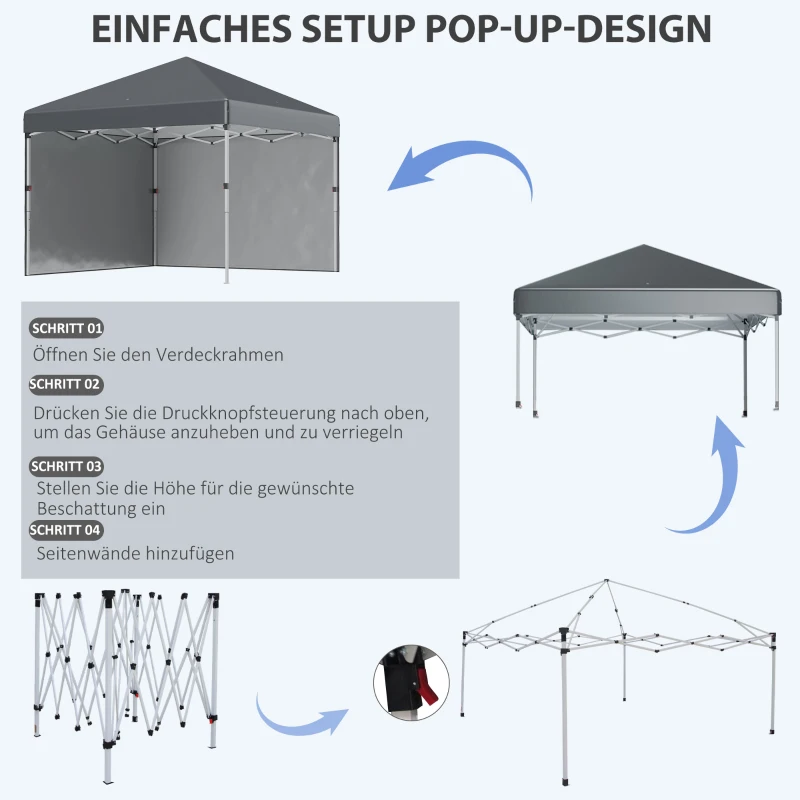 Outsunny Opvouwbare paviljoen met 2 zijwanden, verstelbare hoogte, inclusief draagtas, roestvrij stalen frame, 3x3 m, Donkergrijs