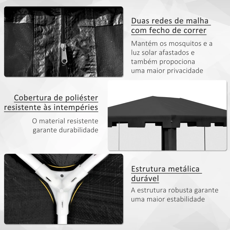 Outsunny Tenda de Jardim 4x3 m Tenda Dobrável com 4 Mosqueteiras Laterais 2 Portas e 8 Orifícios de Drenagem Cinza Escuro