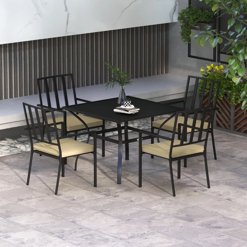 Outsunny 5 Pieces Garden Dining Set with Cushions, Outdoor Patio Table and 4 Stackable Chairs, Metal Top Table with Umbrella Hole, Black