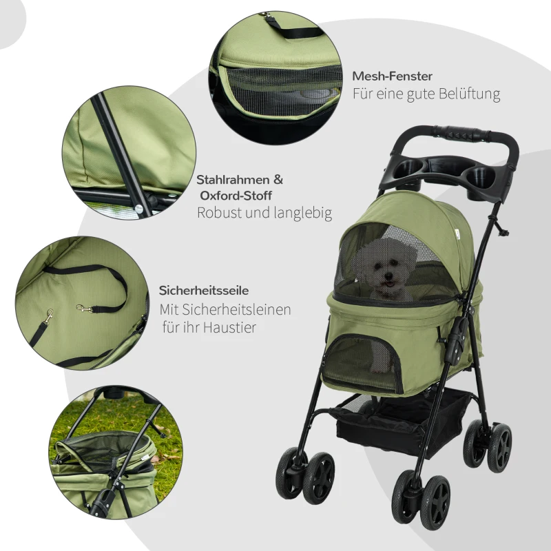 PawHut Hondenbuggy, Opvouwbaar, 2 Veiligheidslijnen, 2 Bekerhouders, 67 x 45 x 96 cm, Khaki