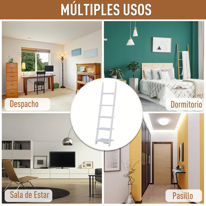 HOMCOM Estantería de Escalera Moderna Estantería para Libros Librería con 5 Estantes para Salón Oficina 50x40x195 cm Blanco