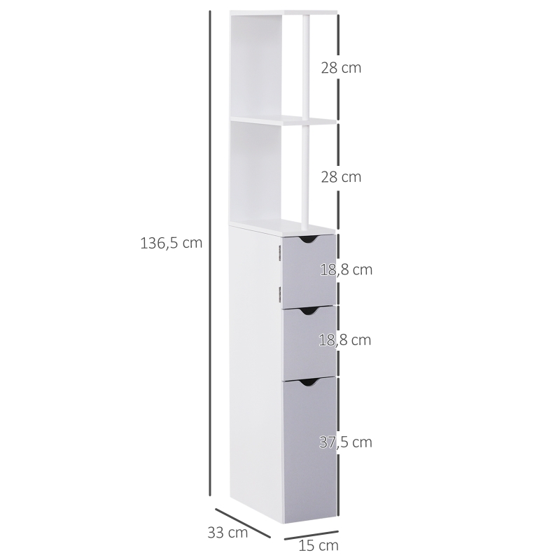 HOMCOM Columna de Baño Moderno Mueble Auxiliar de Baño con 2 Estantes 2 Cajones y 1 Puerta Antivuelco 15x33x136,5 cm Blanco