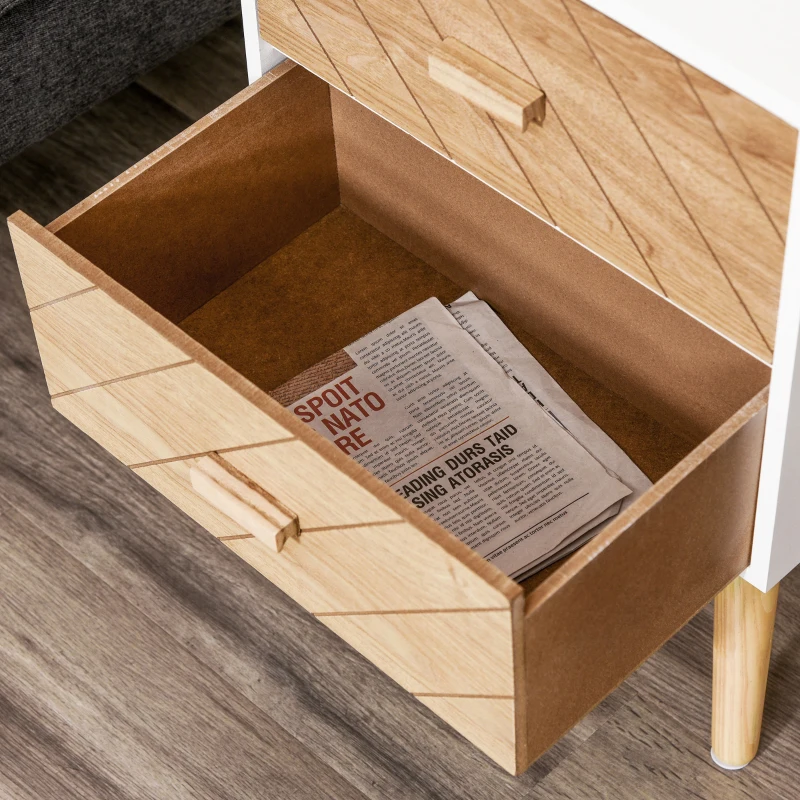 HOMCOM Mesita de Noche Madera con 2 Cajones Comoda Rústica Cajonera Mesilla Mueble para Dormitorio Armario Almacenamiento 40x30x55,5 cm Blanco y Natural(m-7)