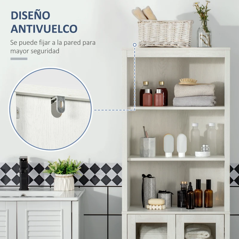 kleankin Columna de Baño con 2 Puertas de Vidrio y 3 Estantes Mueble Auxiliar de Estilo Moderno 53x30x162 cm Blanco