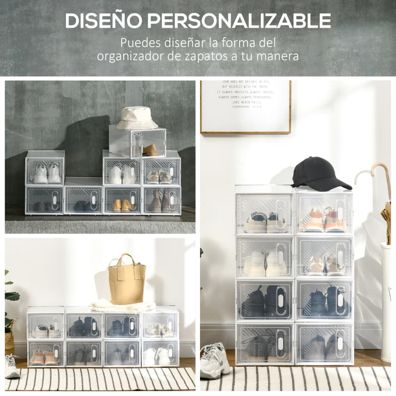 HOMCOM Organizador de Zapatos Modular Estantería Modulable con 8 Cubos Puertas Magnéticas 25x35x19 cm Transparente