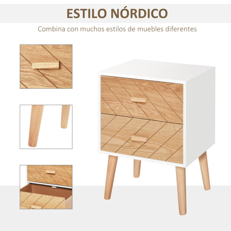HOMCOM Mesita de Noche Madera con 2 Cajones Comoda Rústica Cajonera Mesilla Mueble para Dormitorio Armario Almacenamiento 40x30x55,5 cm Blanco y Natural(m-4)