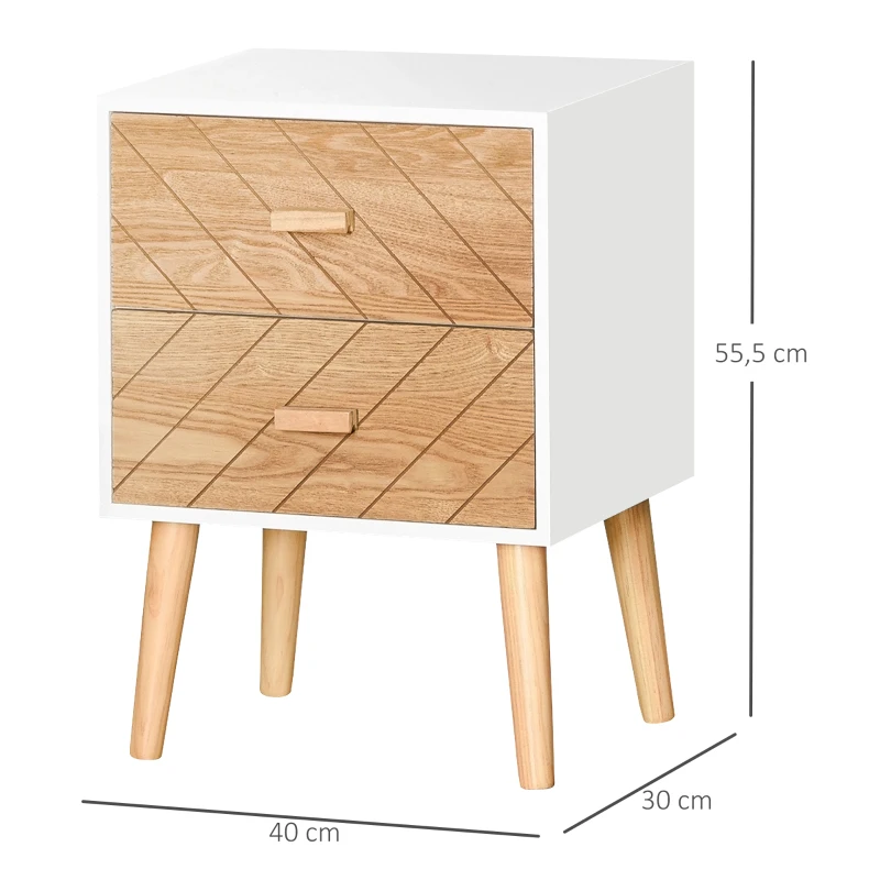 HOMCOM Mesita de Noche Madera con 2 Cajones Comoda Rústica Cajonera Mesilla Mueble para Dormitorio Armario Almacenamiento 40x30x55,5 cm Blanco y Natural(m-3)