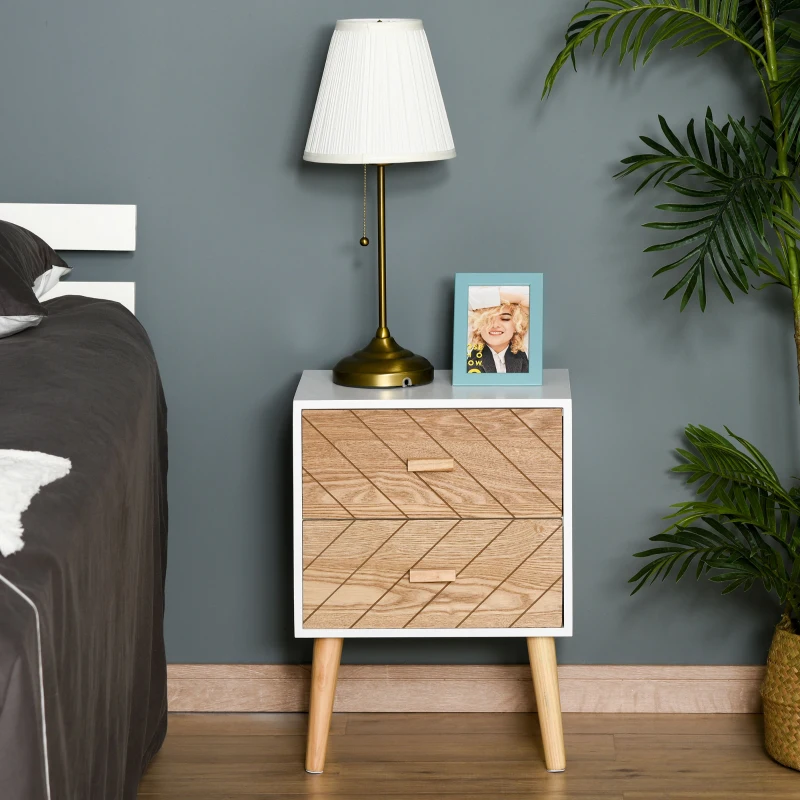 HOMCOM Mesita de Noche Madera con 2 Cajones Comoda Rústica Cajonera Mesilla Mueble para Dormitorio Armario Almacenamiento 40x30x55,5 cm Blanco y Natural(m-2)